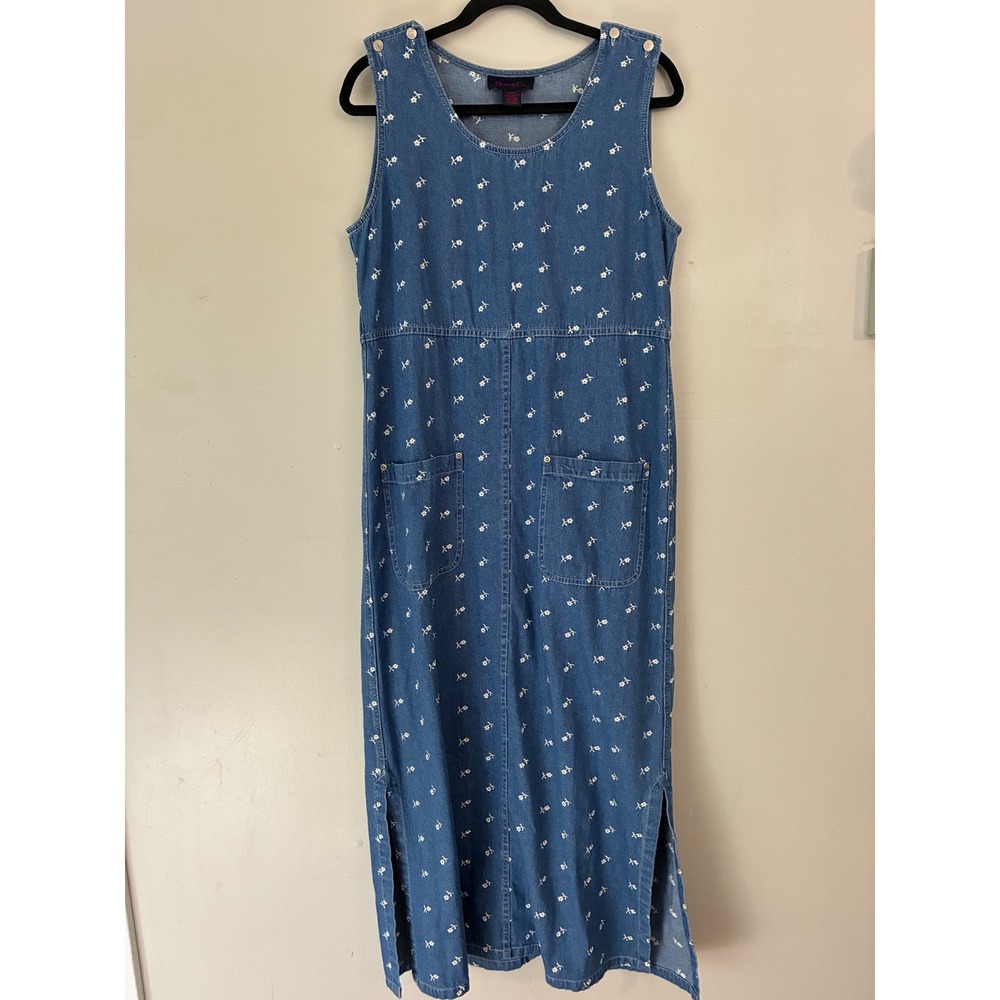 Denim & Co Maxi Dress Women Small Blue Floral Embroidered Cotton Chore Pockets